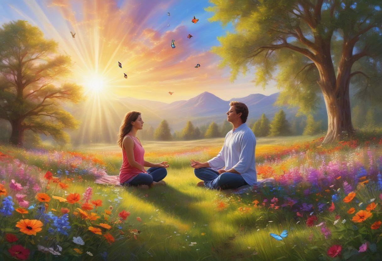 A serene scene depicting a person joyfully practicing mindfulness in a sun-kissed meadow, surrounded by colorful wildflowers and gentle butterflies. The person is meditating with a peaceful expression, while soft rays of light filter through the trees, symbolizing inner joy and contentment. A vibrant sky reflects the mood of cheerfulness. bright colors. painting.