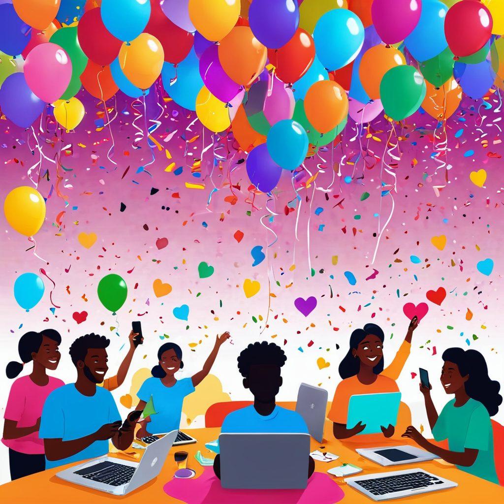 A vibrant and welcoming digital landscape filled with diverse, smiling characters happily interacting through various devices like laptops and smartphones. Colorful balloons and confetti fill the background, symbolizing joy and celebration, while glowing hearts float in the air, representing connection and community. The scene conveys a sense of unity and positivity, inviting viewers to join in the happiness. vector art. vibrant colors. cheerful atmosphere.
