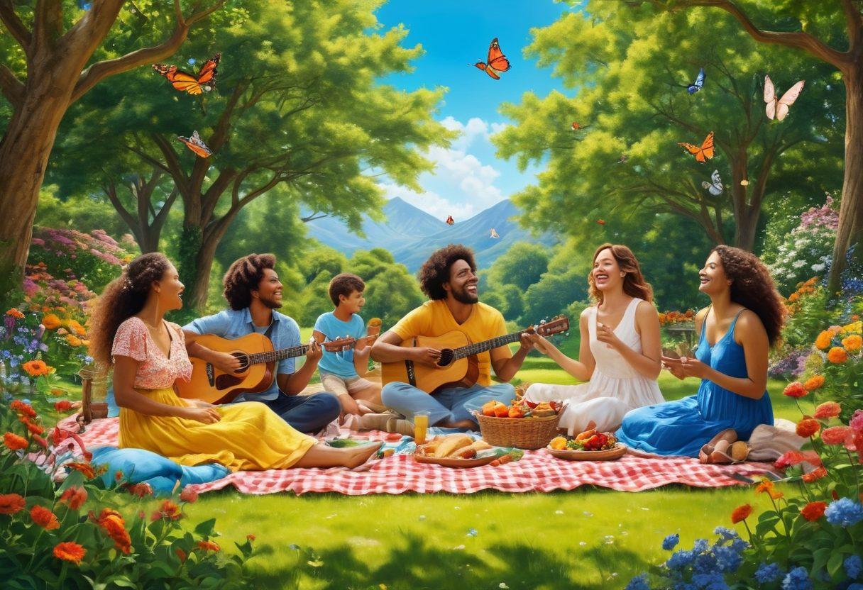 A bright and colorful scene depicting a diverse group of people laughing and enjoying life in a lush park filled with blooming flowers and vibrant greenery. Show them engaging in various joyful activities like picnicking, dancing, and playing music under a clear blue sky. Incorporate elements of nature such as butterflies and sunshine that symbolize happiness and positivity. super-realistic. vibrant colors. serene background.
